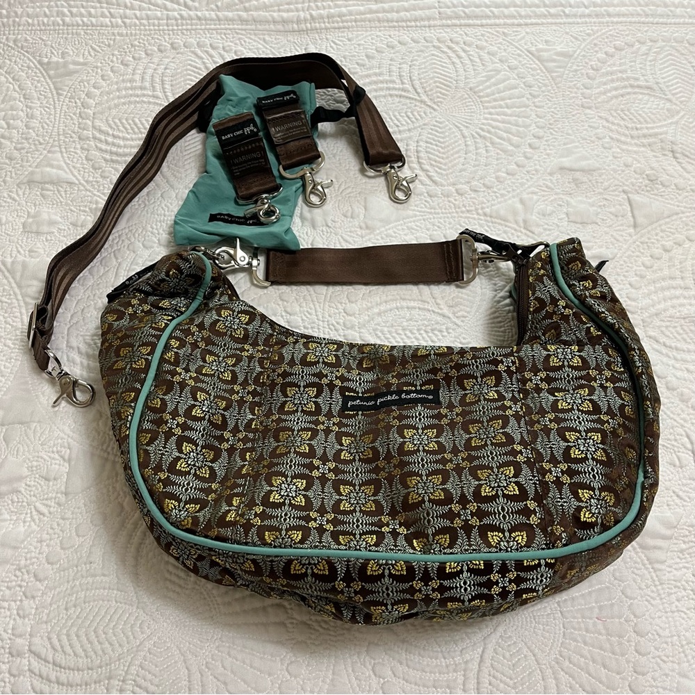 PETUNIA PICKLE BOTTOM Touring Tote Teal Brown Gold Brocade Accessories Included